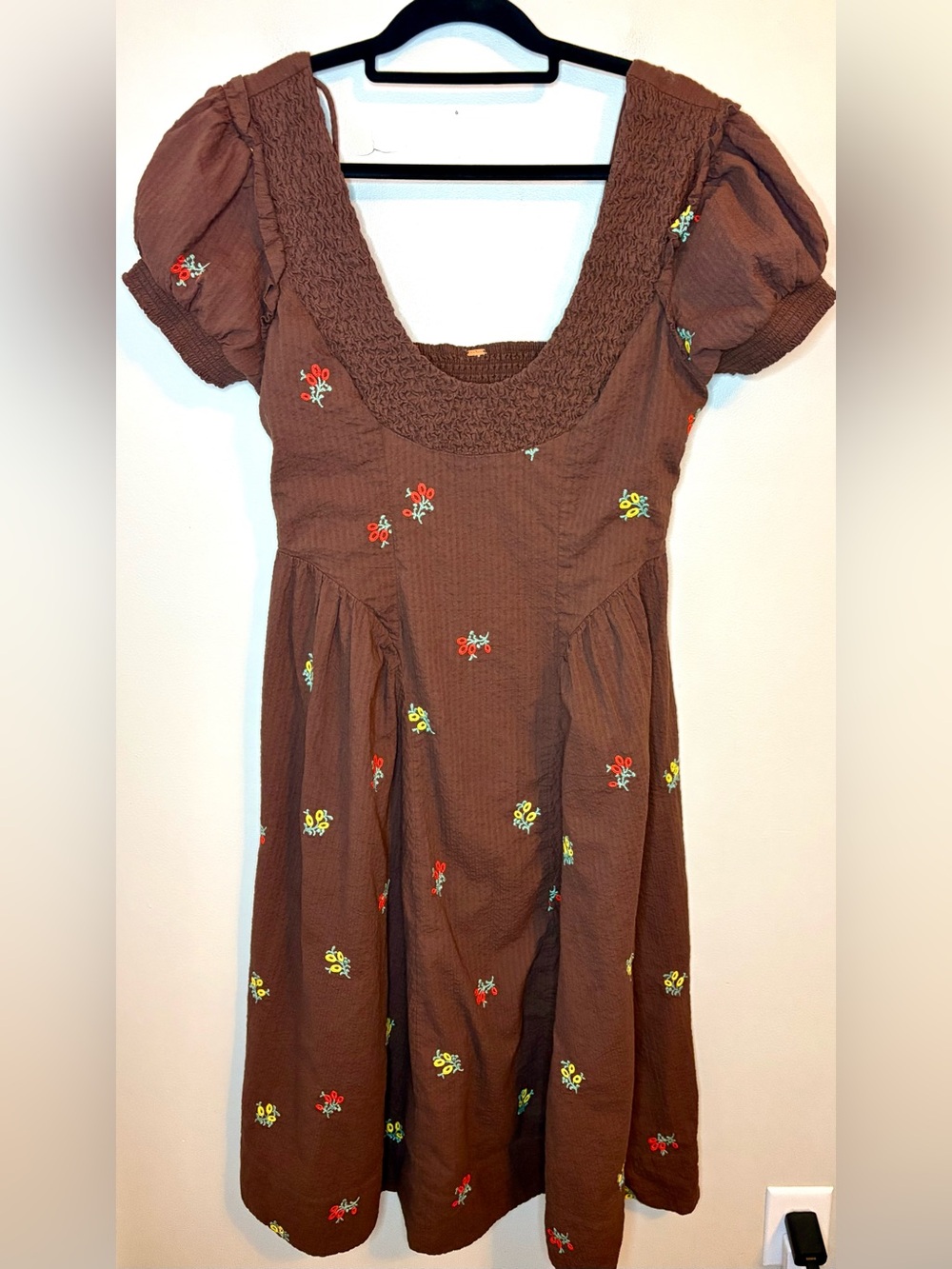 Free People Brown Embroidered Floral Smocked Puff Sleeve Boho Midi Dress